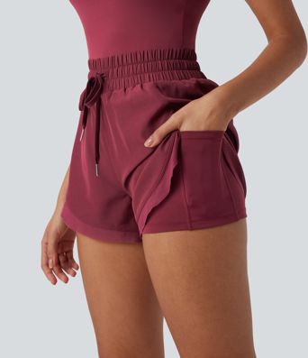 Shirred Drawstring 2-in-1 Running Romper with Pockets