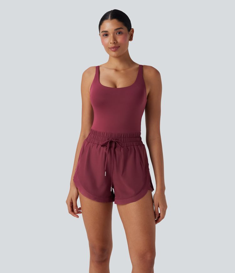 Shirred Drawstring 2-in-1 Running Romper with Pockets