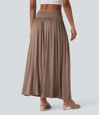Falda maxi casual de cintura alta fruncida y fluida