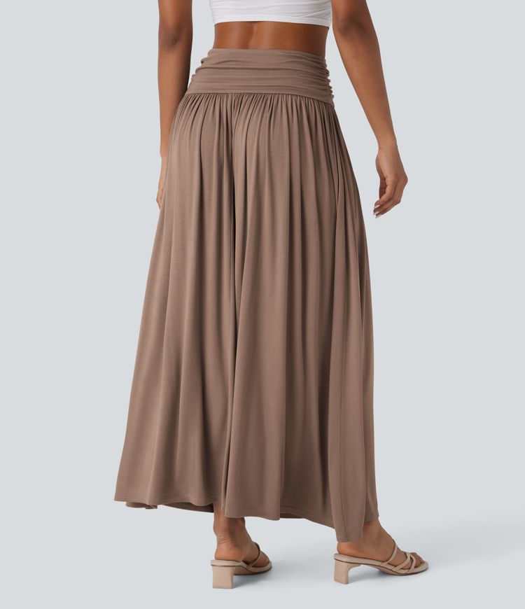 High Waisted Ruched Flowy Maxi Casual Skirt