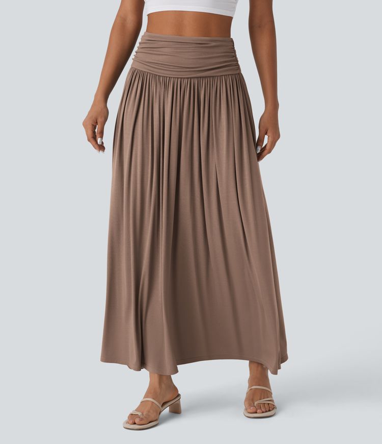 High Waisted Ruched Flowy Maxi Casual Skirt