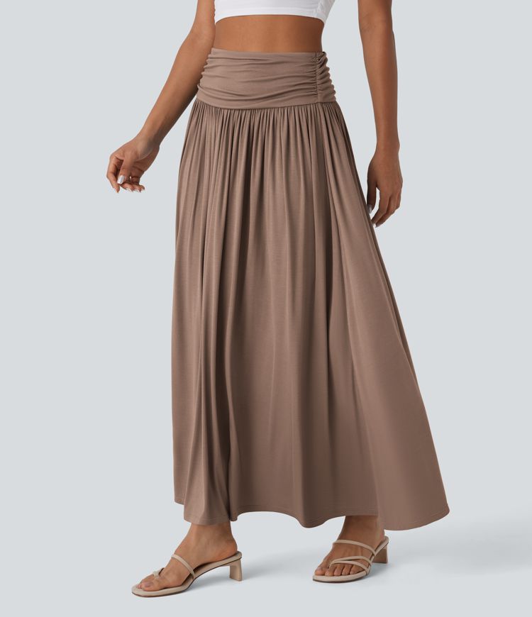 High Waisted Ruched Flowy Maxi Casual Skirt