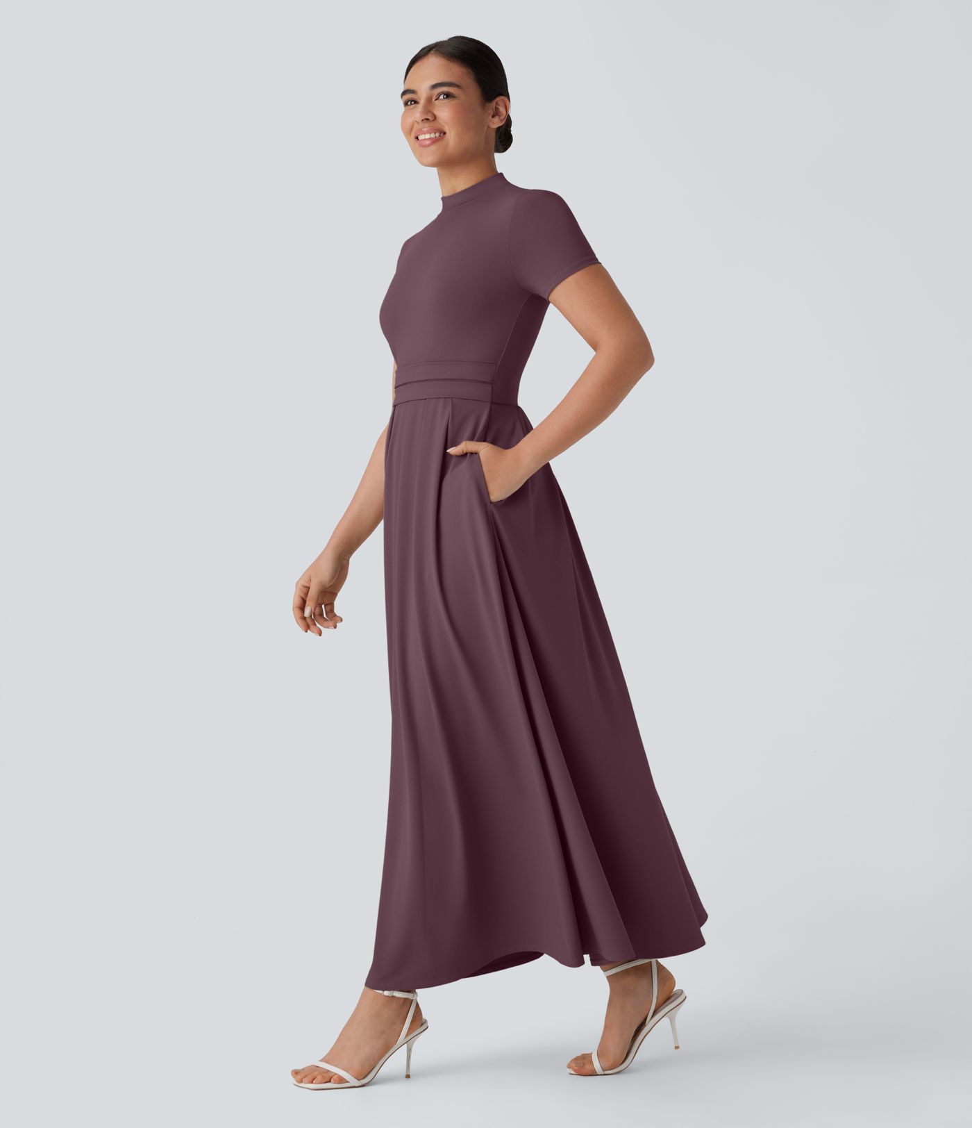 Stand Collar Short Sleeve Pocket Flare Maxi Casual Dress