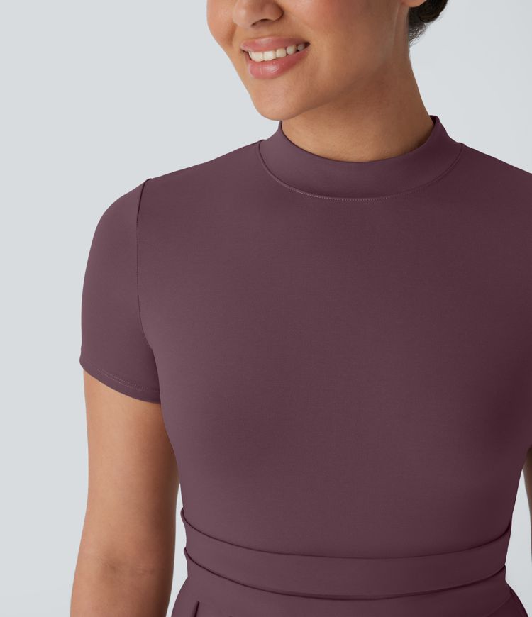 Stand Collar Short Sleeve Pocket Flare Maxi Casual Dress