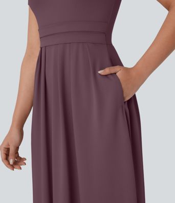 Stand Collar Short Sleeve Pocket Flare Maxi Casual Dress