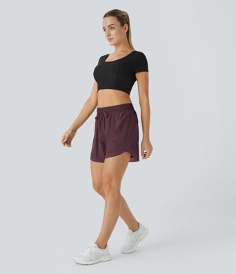 Mid Rise Drawstring Contrast Mesh 2-in-1 Flowy Running Shorts 5''