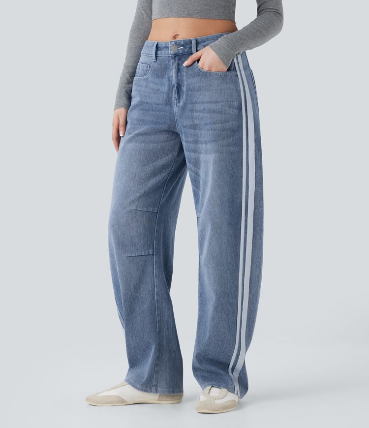 Halara Flex™ Mid Rise Stripe Baggy Washed Stretchy Knit Casual Jeans with Multiple Pockets