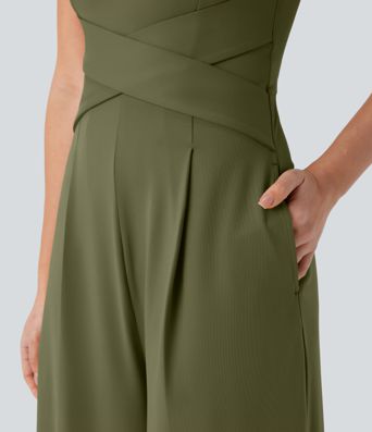 U Back Sleeveless Casual Jumpsuit with Pockets