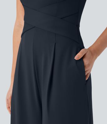 U Back Sleeveless Casual Jumpsuit with Pockets