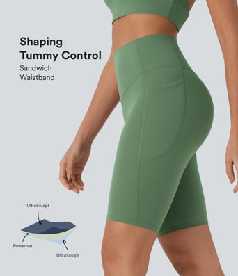 Halara UltraSculpt™ SoCinched Short de Cycliste Taille Haute avec Contrôle du Ventre et Poches, 9 pouces