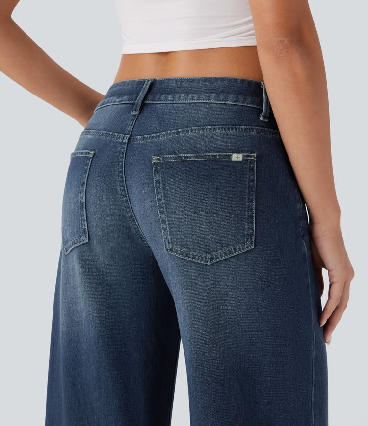 Halara Flex™ Asymmetric Low Rise Zipper Pockets Baggy Wide Leg Washed Casual Jeans