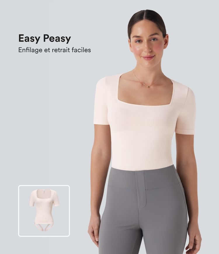 Seamless Flow Smoothing Square Neck Adjustable Leg Straps Work Bodysuit-Easy Peezy