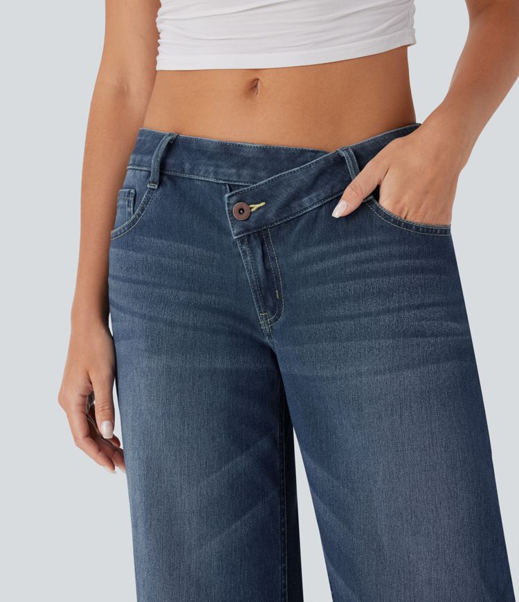 Halara Flex™ Asymmetric Low Rise Zipper Pockets Baggy Wide Leg Washed Casual Jeans