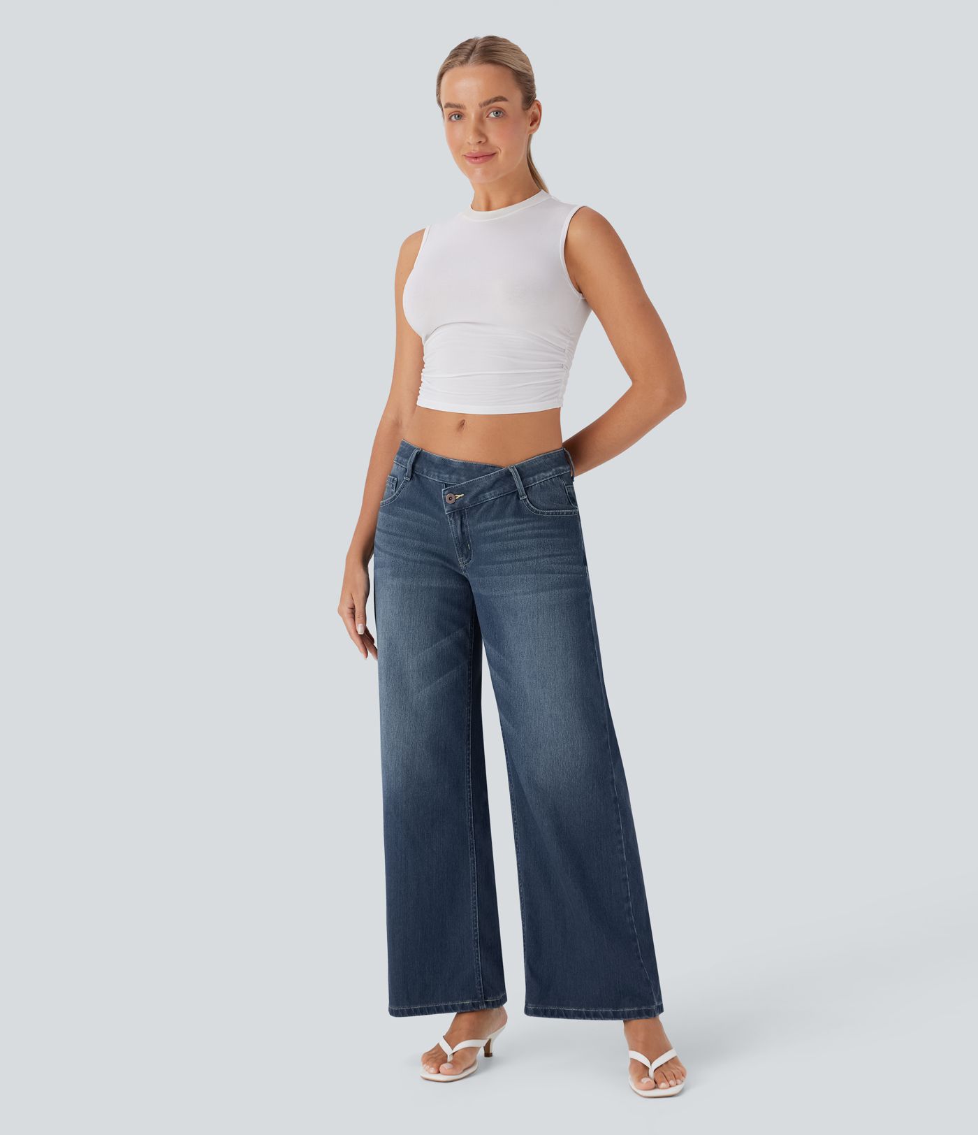 Halara Flex™ Asymmetric Low Rise Zipper Pockets Baggy Wide Leg Washed Casual Jeans