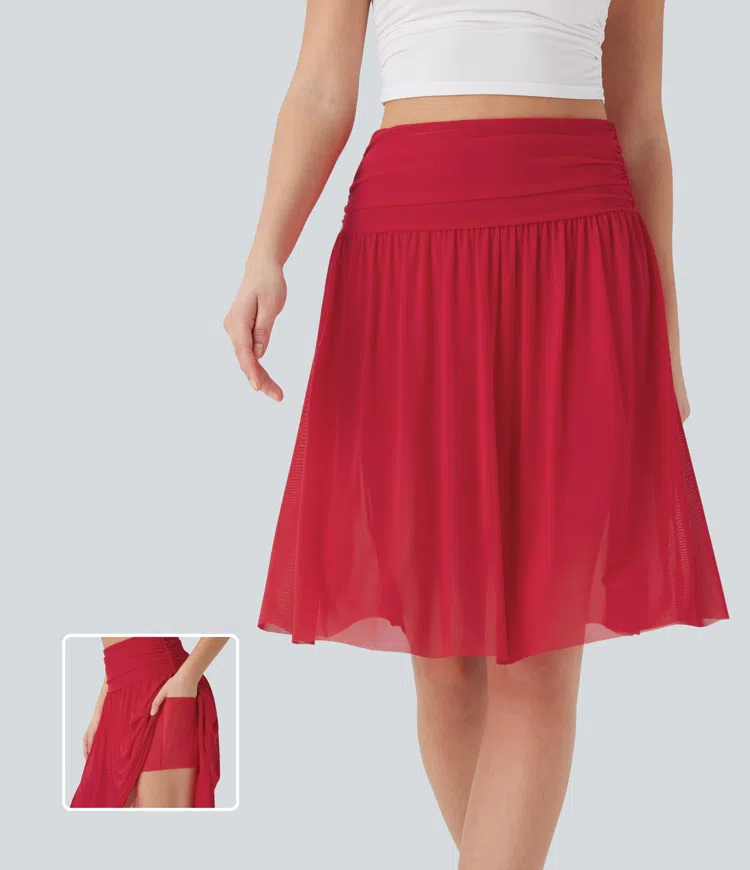 Falda midi casual 2 en 1 holgada de tiro alto fruncido con malla en contraste y bolsillos laterales