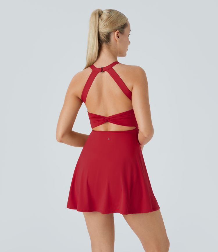 Backless Cut Out Twisted Side Pocket 2-in-1 Mini Barre Ballet Dance Dress