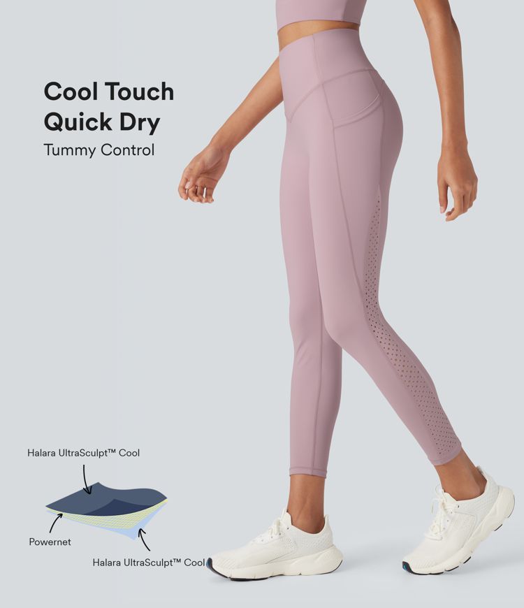 Halara UltraSculpt™ - Perforierte Yoga-Leggings mit hohem Bund, Seitentaschen, Bauchkontrolle und Cool-Touch - schnelltrocknend, UPF50+