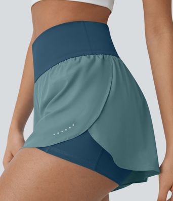 SoftlyZero™ QuickDry High Waisted Tummy Control Reflective Dots Crossover Hem 2-in-1 Running Shorts 3'' with Pockets