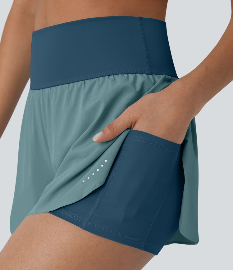 SoftlyZero™ QuickDry High Waisted Tummy Control Reflective Dots Crossover Hem 2-in-1 Running Shorts 3'' with Pockets