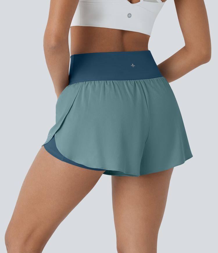 SoftlyZero™ QuickDry High Waisted Tummy Control Reflective Dots Crossover Hem 2-in-1 Running Shorts 3'' with Pockets