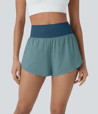 SoftlyZero™ QuickDry High Waisted Tummy Control Reflective Dots Crossover Hem 2-in-1 Running Shorts 3'' with Pockets