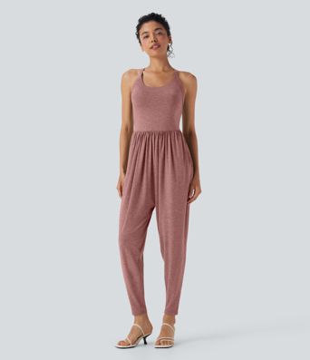 U Neck Harem Casual Jumpsuit with Pockets-Easy Peezy Edition D-F Cups