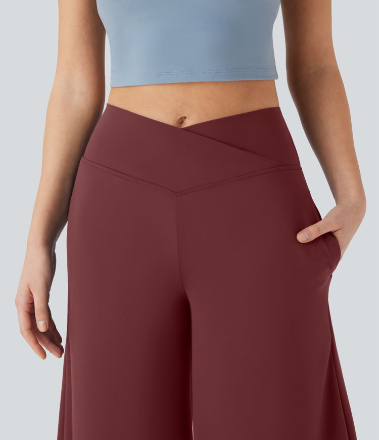 Pantalones de yoga Softlyzero™ Airy de tiro alto cruzado con bolsillos en tacto frío