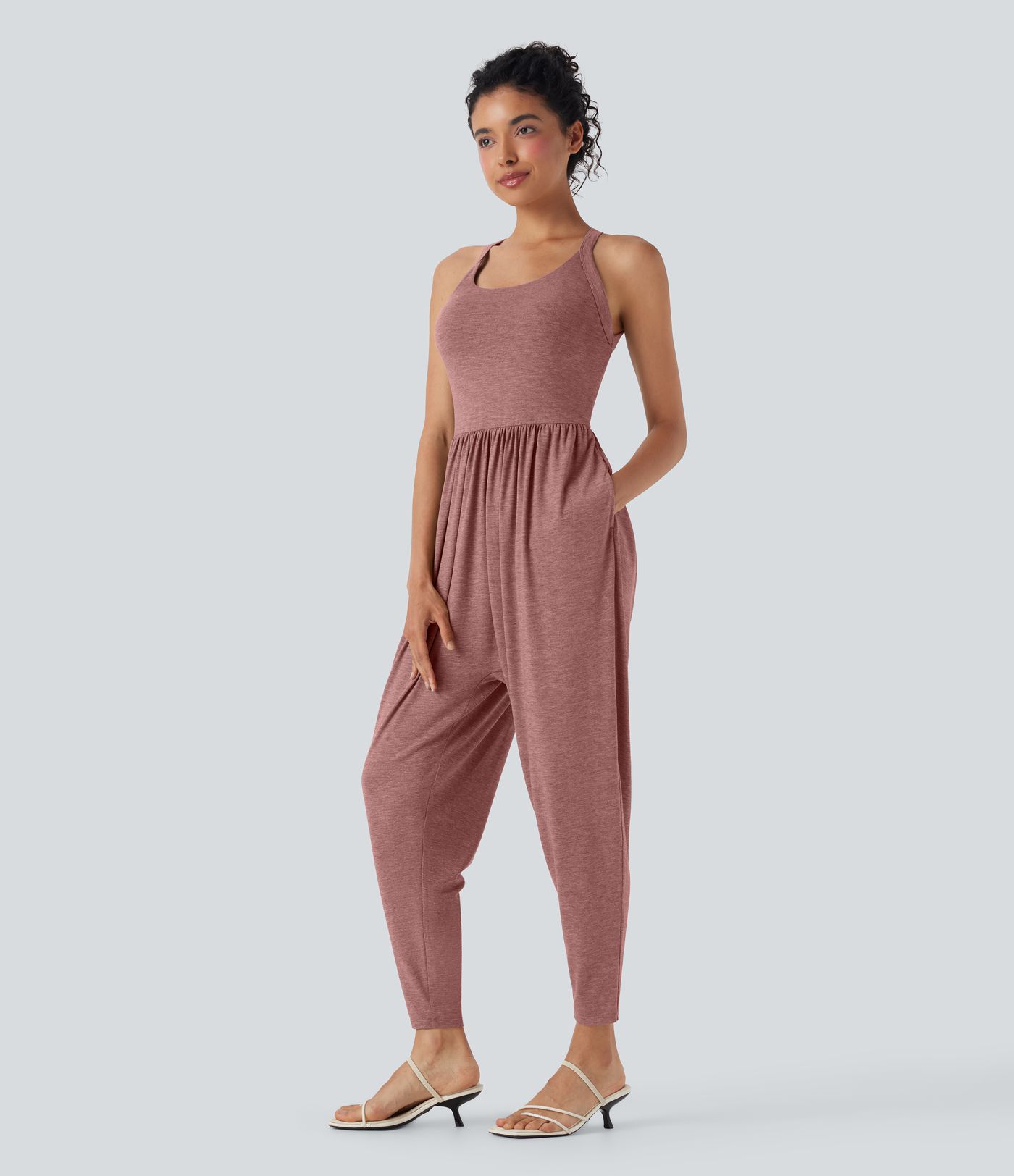 U Neck Harem Casual Jumpsuit with Pockets-Easy Peezy Edition D-F Cups