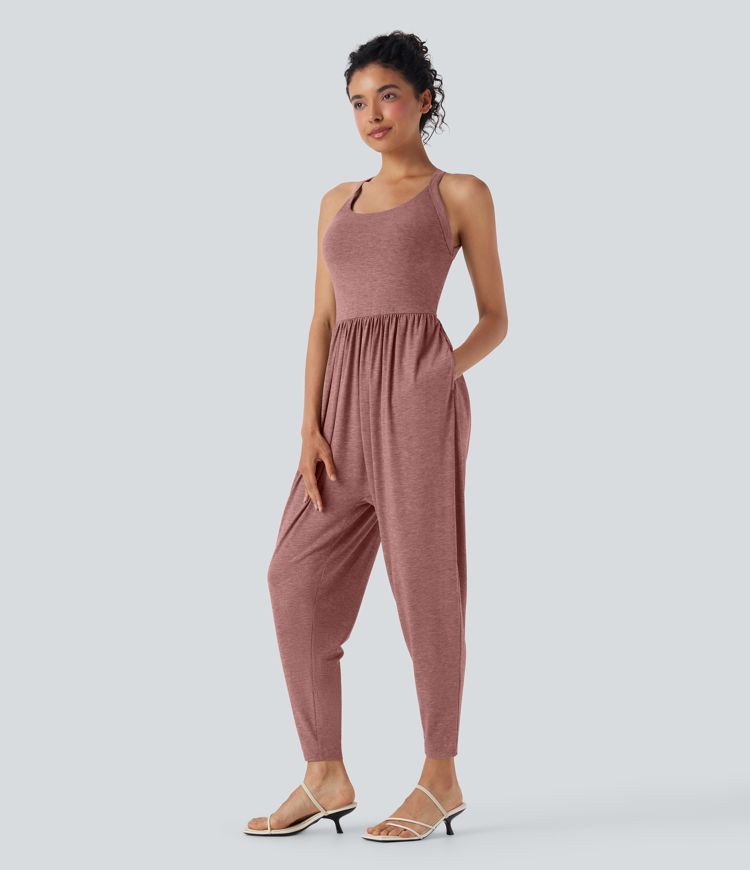 U Neck Harem Casual Jumpsuit with Pockets-Easy Peezy Edition D-F Cups