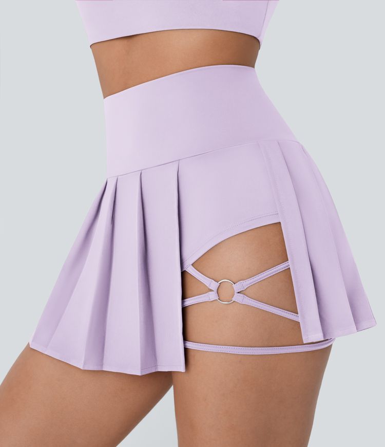 Breezeful™ High Waisted Pleated 2-in-1 Side & Pocket Asymmetric Hem Quick Dry Mini Dance Skirt