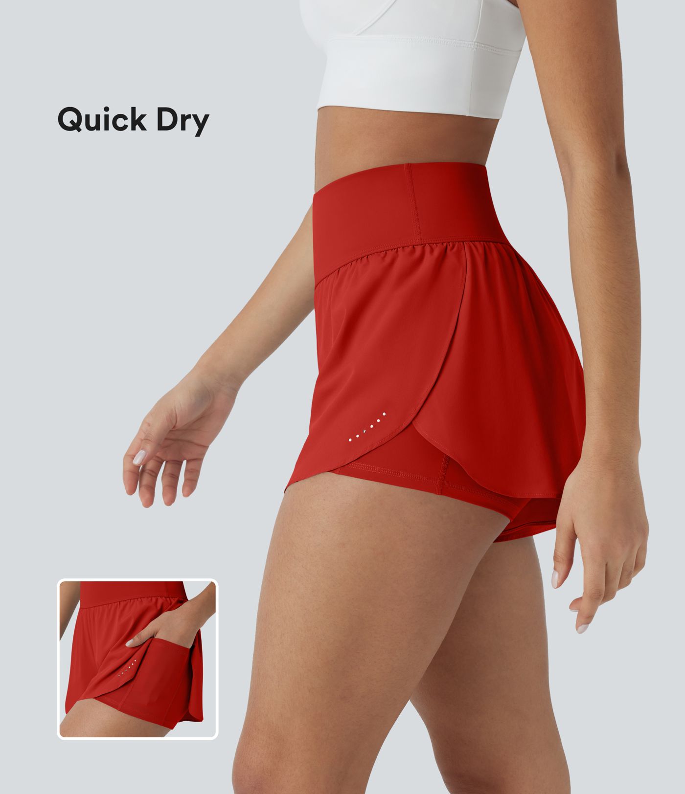 SoftlyZero™ QuickDry High Waisted Tummy Control Reflective Dots Crossover Hem 2-in-1 Running Shorts 3'' with Pockets