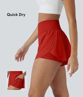 SoftlyZero™ QuickDry High Waisted Tummy Control Reflective Dots Crossover Hem 2-in-1 Running Shorts 3'' with Pockets