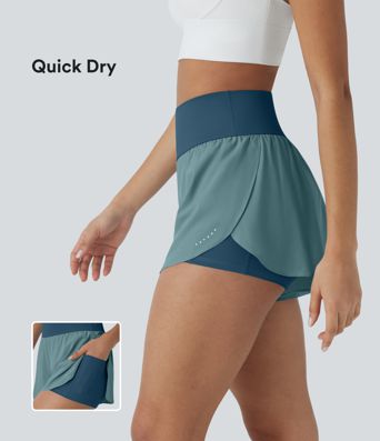 SoftlyZero™ QuickDry High Waisted Tummy Control Reflective Dots Crossover Hem 2-in-1 Running Shorts 3'' with Pockets