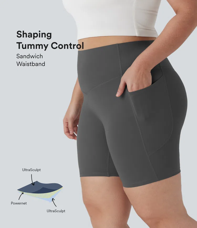 Halara UltraSculpt™ SoCinched High Waisted Tummy Control Shaping Training Plus Size Biker Shorts 7'' with Pocket