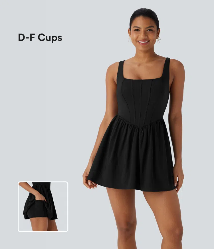 Breezeful™ Square Neck Corset Style 2-in-1 Quick Dry Mini Dress with Pocket-D/DD/DDD/F Cups