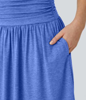 High Waisted Ruched Pocket Women Flowy Midi Skirt