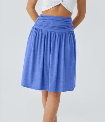 High Waisted Ruched Pocket Women Flowy Midi Skirt