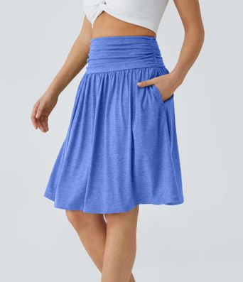 High Waisted Ruched Pocket Women Flowy Midi Skirt