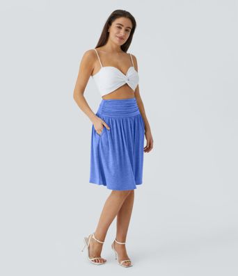 High Waisted Ruched Pocket Women Flowy Midi Skirt