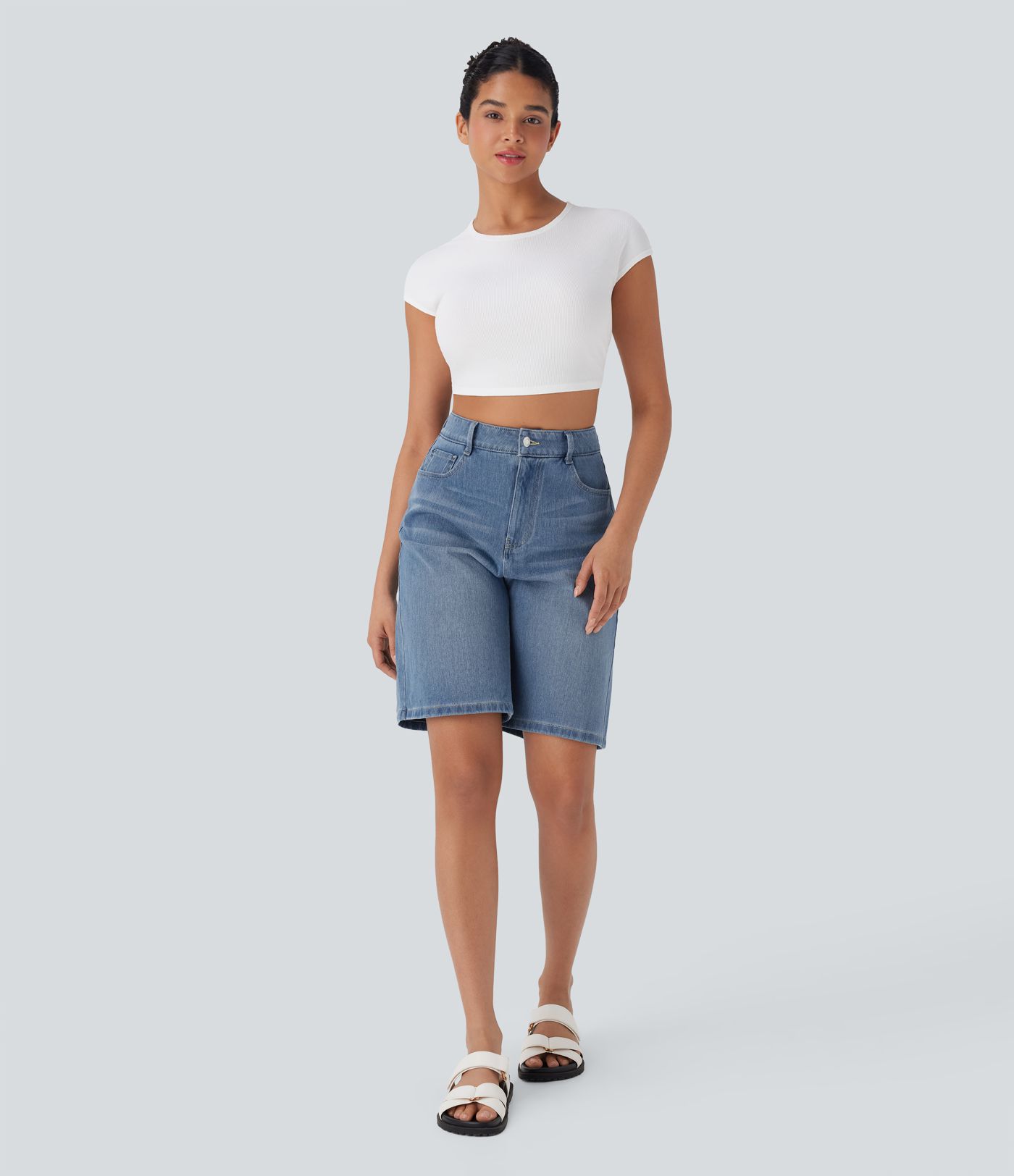 Halara Flex™ High Waisted Pockets Washed Denim Casual Bermuda Shorts