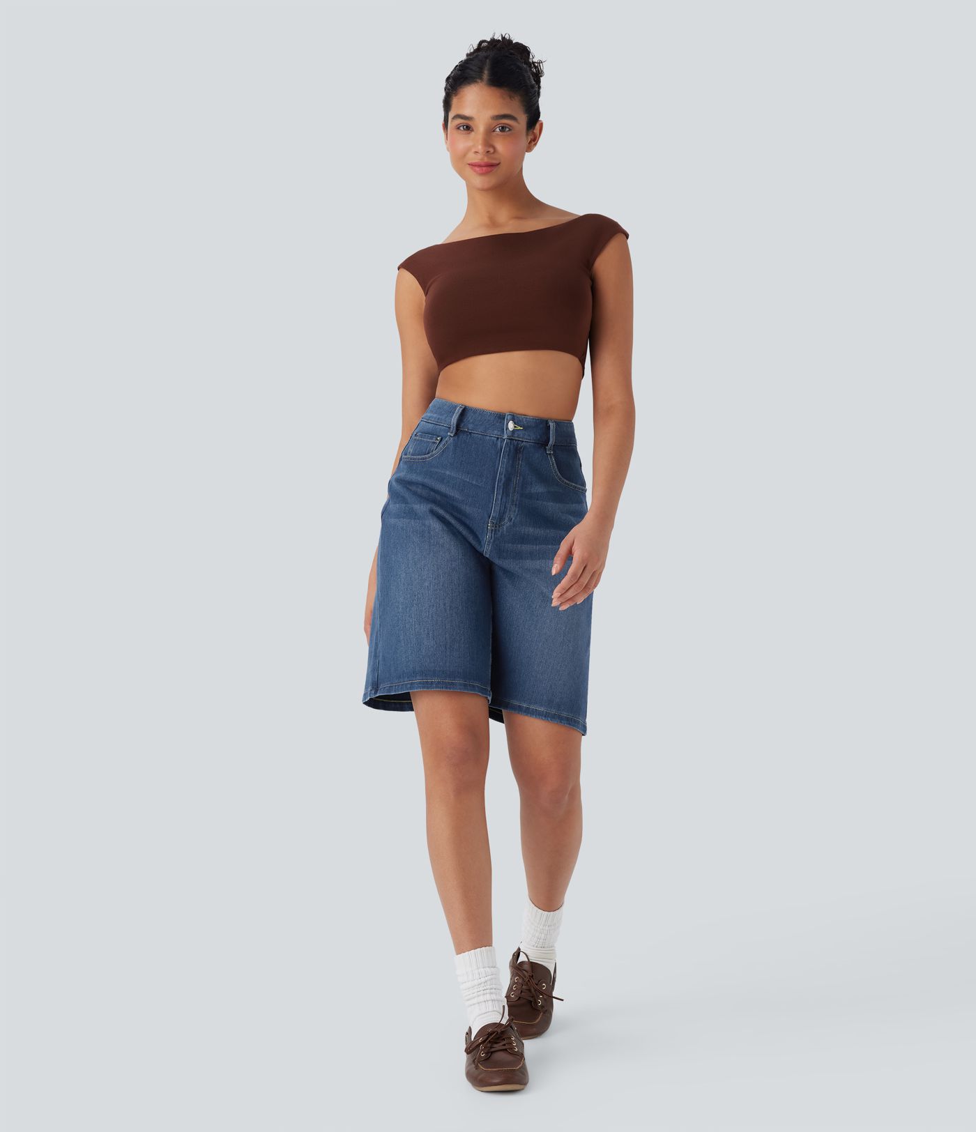 Halara Flex™ High Waisted Pockets Washed Denim Casual Bermuda Shorts