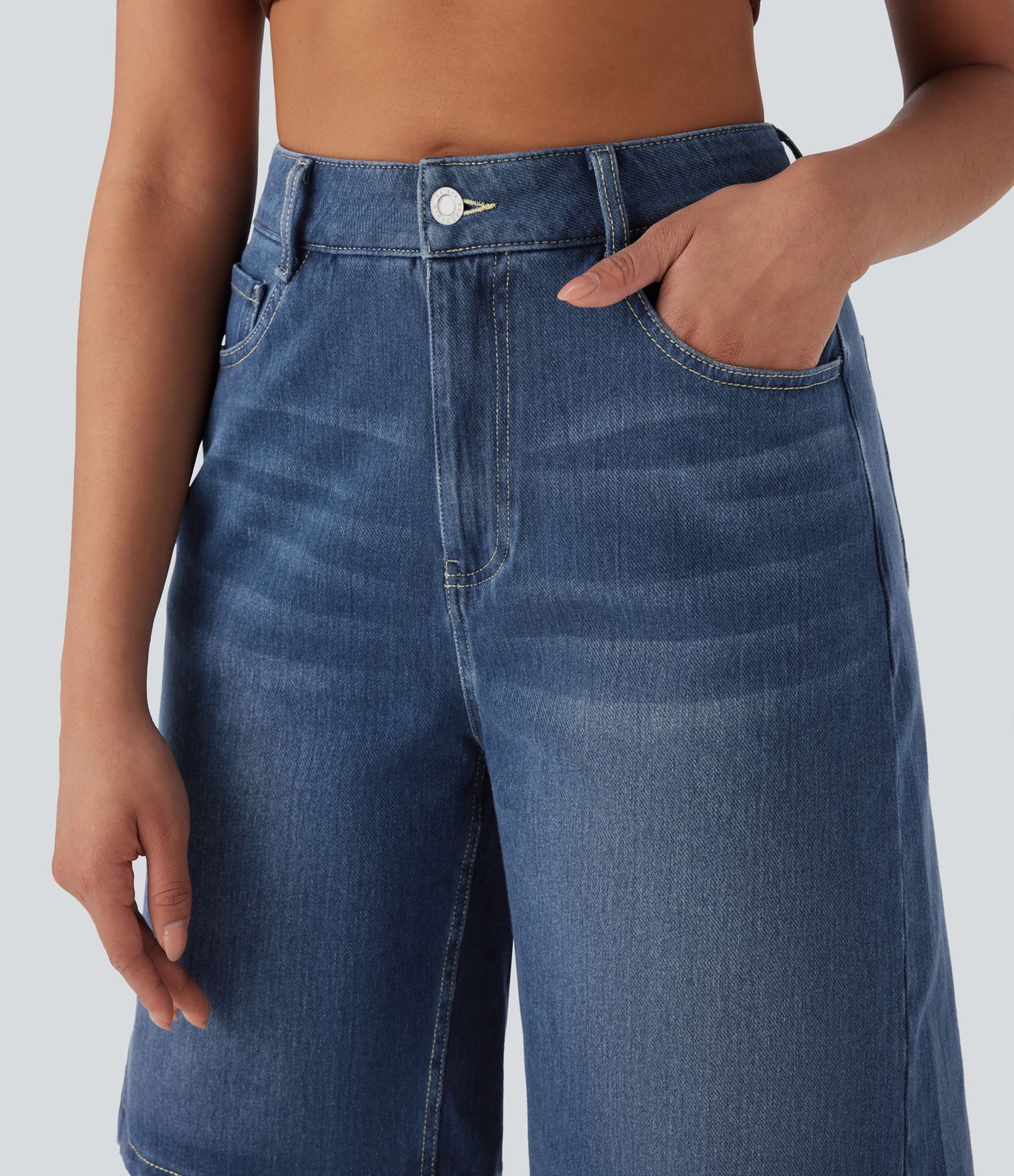 Halara Flex™ High Waisted Pockets Washed Denim Casual Bermuda Shorts