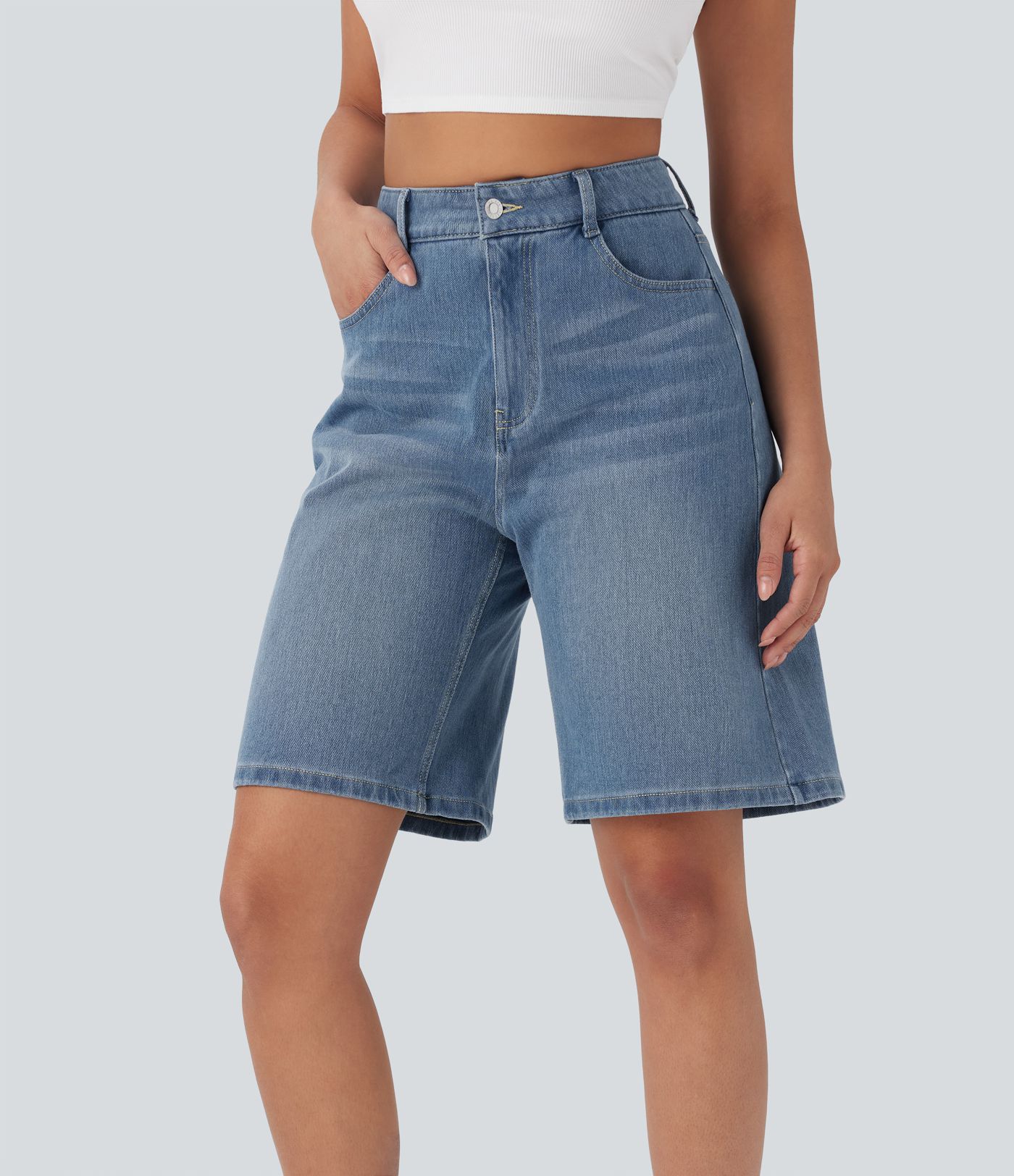 Halara Flex™ High Waisted Pockets Washed Denim Casual Bermuda Shorts