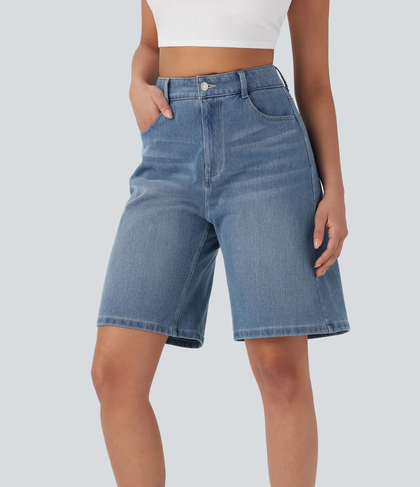Halara Flex™ High Waisted Pockets Washed Denim Casual Bermuda Shorts