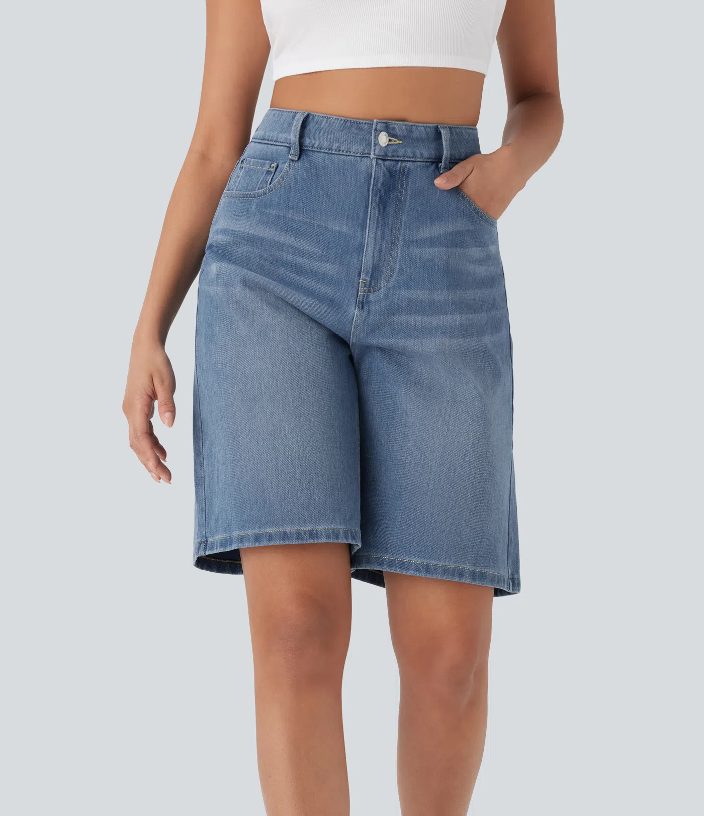 Halara Flex™ High Waisted Pockets Washed Denim Casual Bermuda Shorts