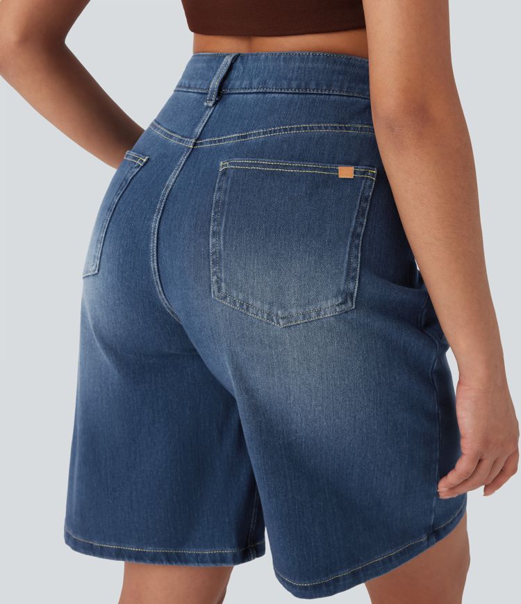 Halara Flex™ High Waisted Pockets Washed Denim Casual Bermuda Shorts
