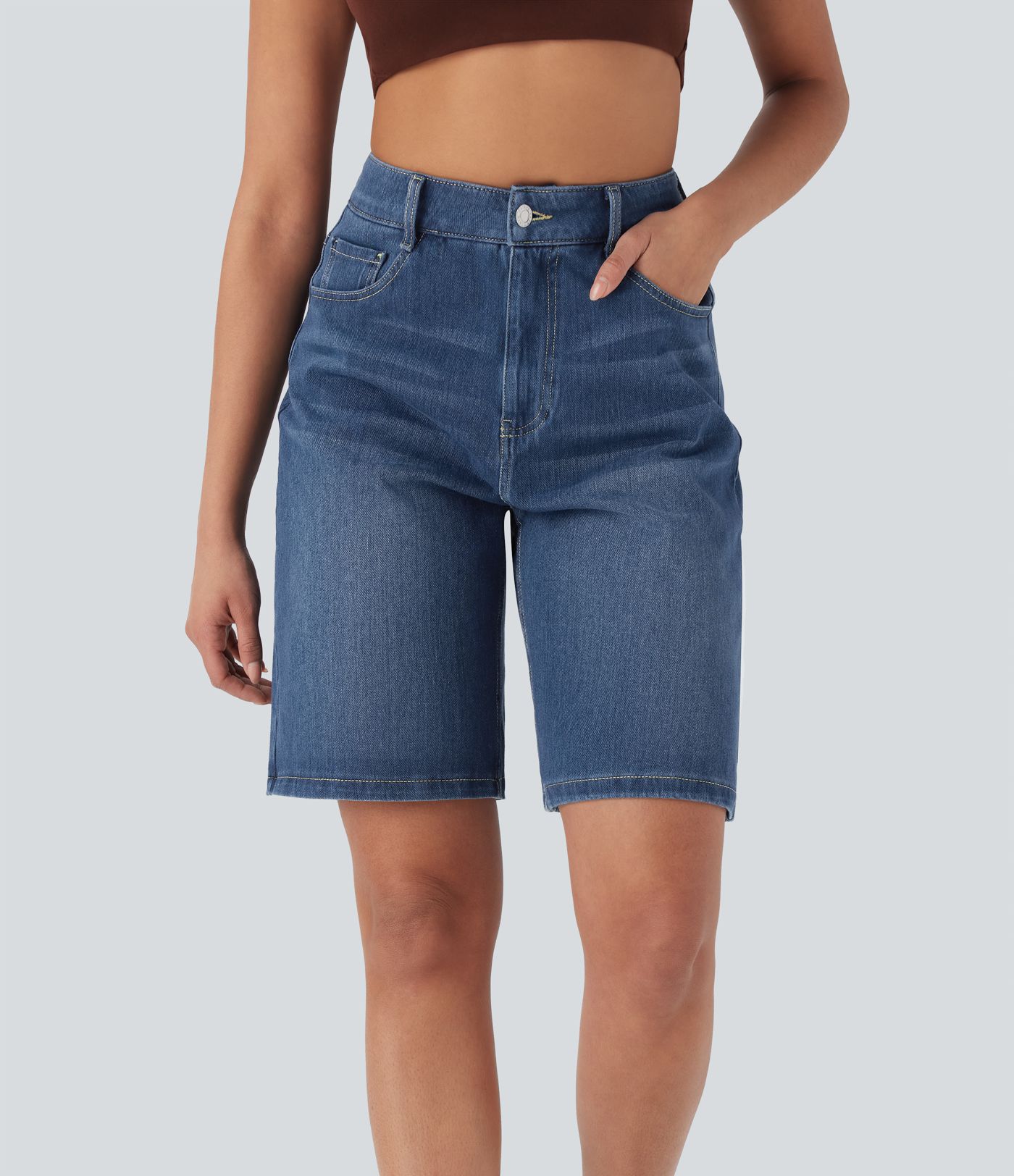 Halara Flex™ High Waisted Pockets Washed Denim Casual Bermuda Shorts