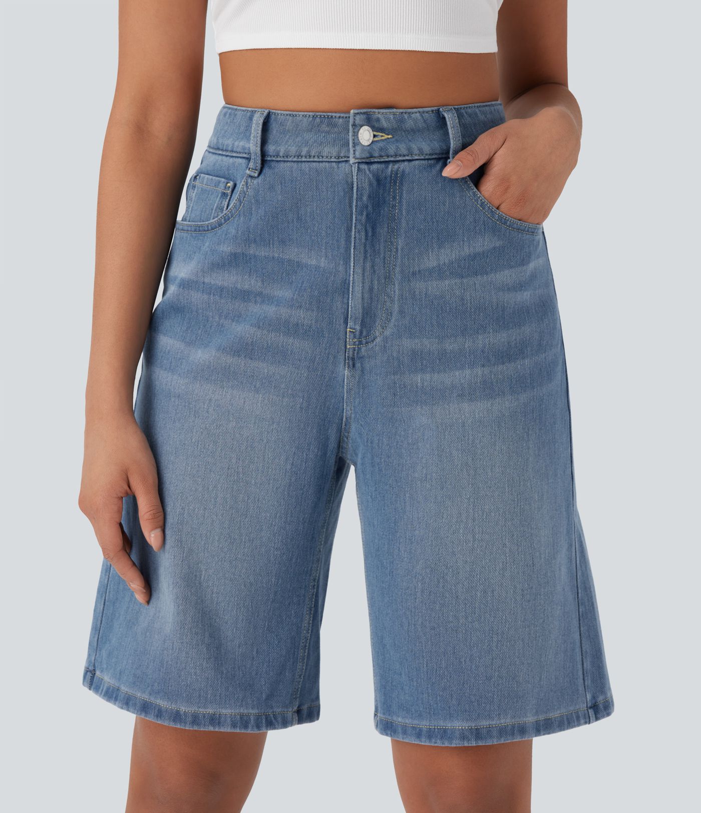 Halara Flex™ High Waisted Pockets Washed Denim Casual Bermuda Shorts