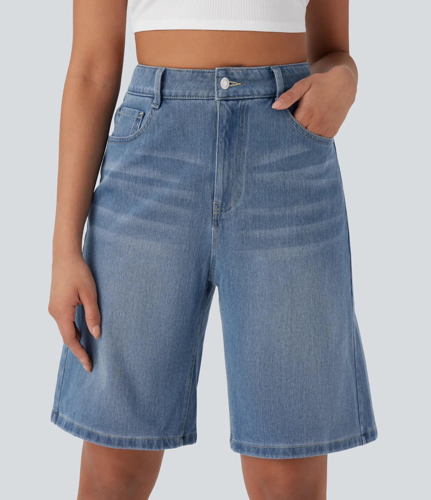 Halara Flex™ High Waisted Pockets Washed Denim Casual Bermuda Shorts