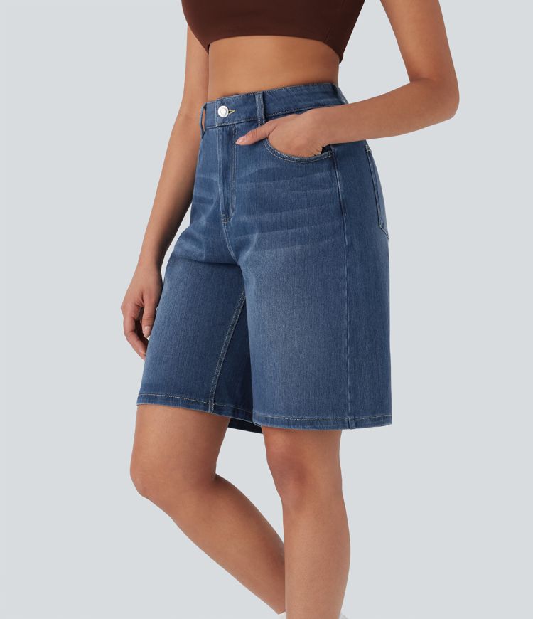 Halara Flex™ High Waisted Pockets Washed Denim Casual Bermuda Shorts